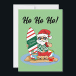 Funny Merry Christmas Santa on Summer Surf Beach Feestdagenkaart<br><div class="desc">Shows Sinterklaas in een groen Aloha shirt op een strand met een rood gestreepte surven plank en een drink. Op het bord van het surf staat "Vrolijk kerstfeest". Pas de grote tekst op de voor- en achterkant aan. Grappig cartoon-ontwerp voor Kerstmis in juli of december, voor zomervakantie, feesten en plezier....</div>