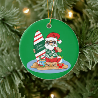 Funny Merry Christmas Santa on Summer Surf Beach Keramisch Ornament