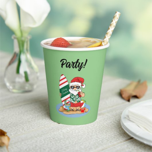 Funny Merry Christmas Santa on Summer Surf Beach Papieren Bekers (Insitu)