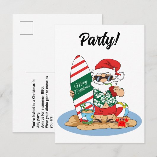 Funny Merry Christmas Santa on Summer Surf Beach Uitnodiging Briefkaart (Voorkant / Achterkant)