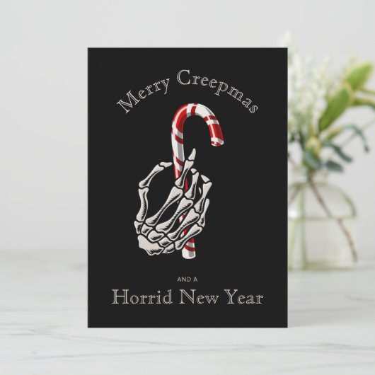 Funny Merry Creepmas Skeleton Candy Cane Kaart (Staand voorkant)