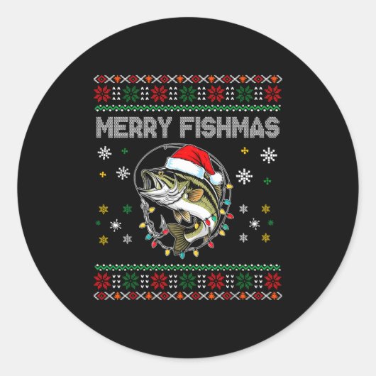 Funny Merry Fishmas B Fishing Christmas Ugly Sweat Ronde Sticker (Voorkant)