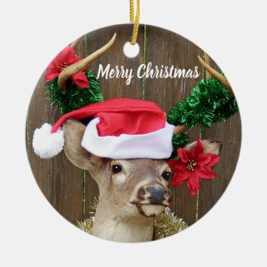Funny Merry Kerstmis Buck Whitetail Deer Keramisch Ornament (Voorkant)