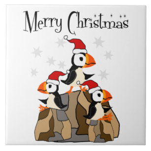 Funny Merry Kerstmis Puffin Birds and Snow Tegeltje