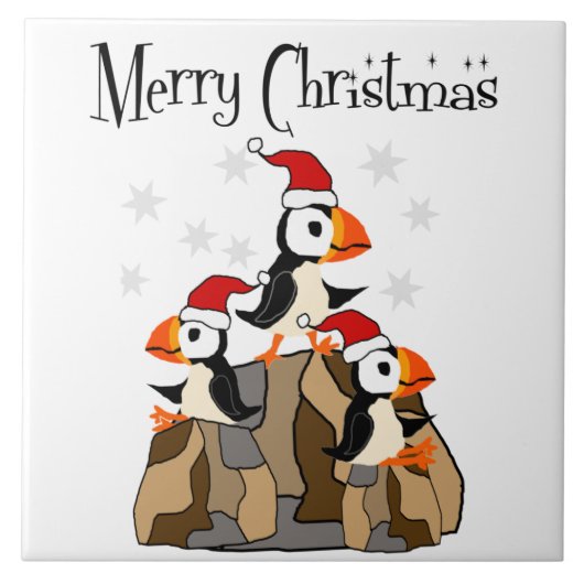 Funny Merry Kerstmis Puffin Birds and Snow Tegeltje (Voorkant)