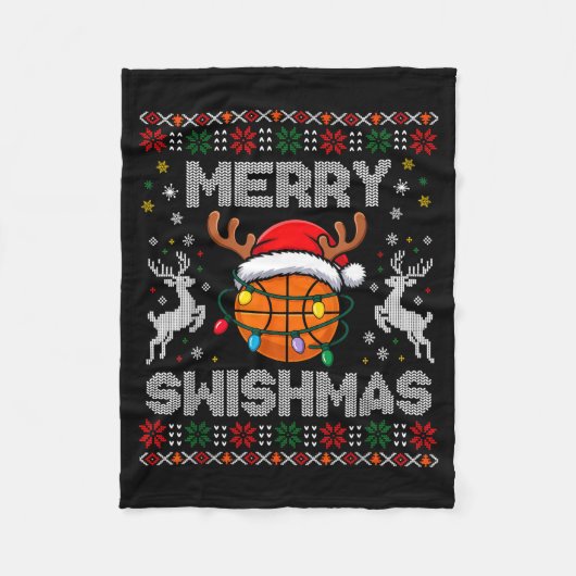 Funny Merry Swishmas Basketball Christmas Reindeer Fleece Deken (Voorkant)