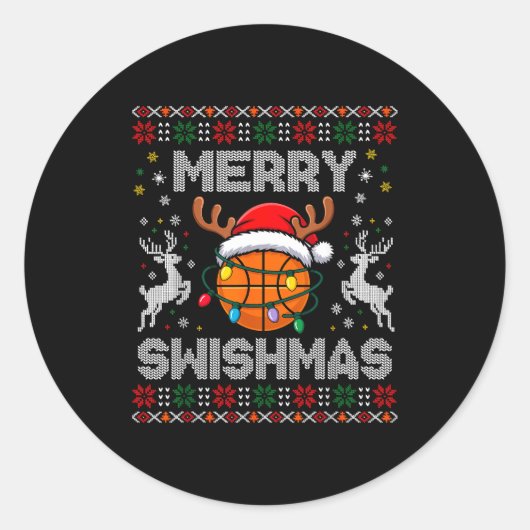 Funny Merry Swishmas Basketball Christmas Reindeer Ronde Sticker (Voorkant)