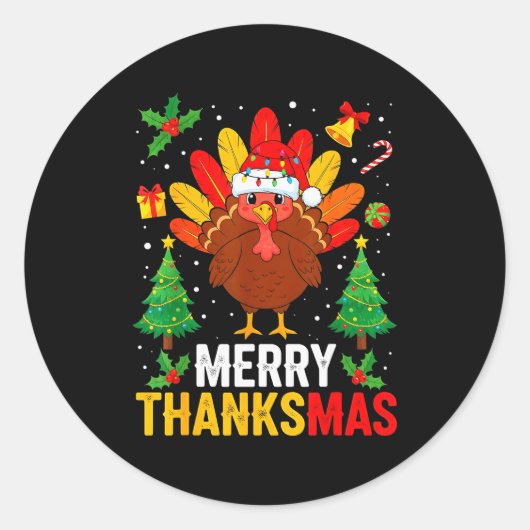 Funny Merry Thanksmas Happy Thanksgiving Santa Tur Ronde Sticker (Voorkant)