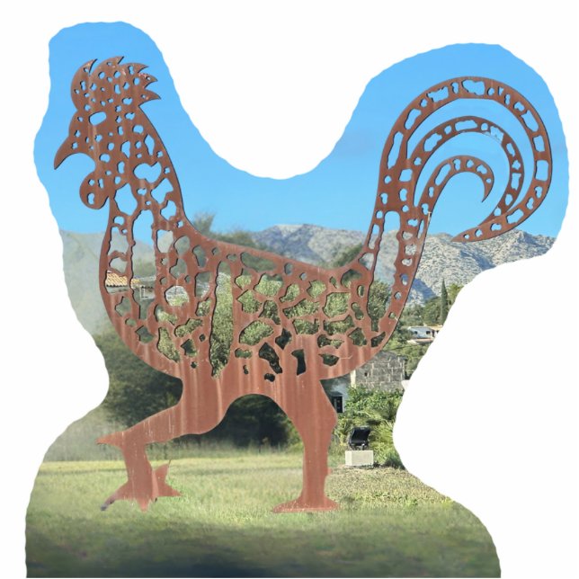 Funny Metal Chicken Rooster Staand Fotobeeldje (Voorkant)