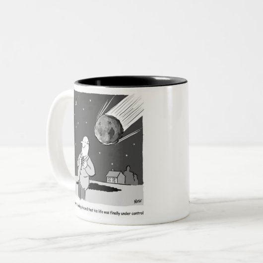 Funny Meteor Hitting Earth Disaster Tweekleurige Koffiemok (Voorkant links)