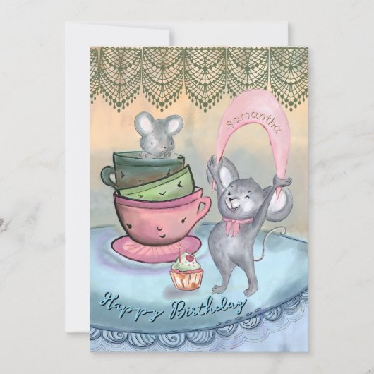 Funny Mice Teacup Gepersonaliseerde Verjaardag Kaa Feestdagenkaart (Voorkant)