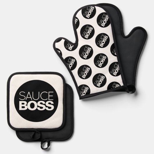 Funny Minimalist Bold Sauce Boss Ovenwant & Pannenlap Set (Voorkant / Achterkant)