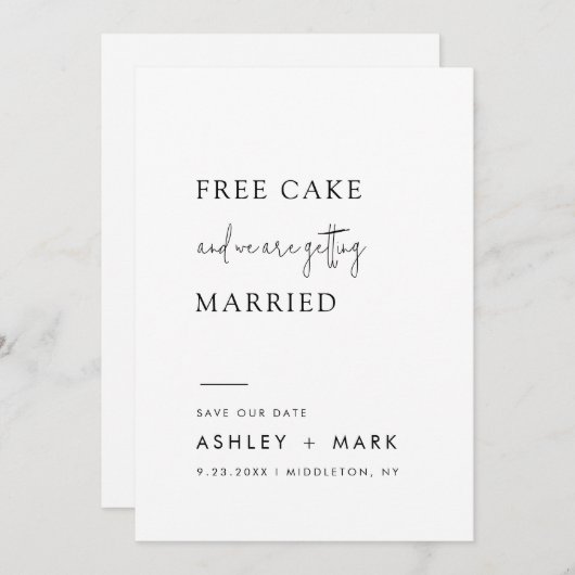 Funny Minimalist Script Free Cake Wedding Save The Date (Voorkant / Achterkant)