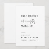 Funny Minimalist Script Free Drink Wedding Save Save The Date (Voorkant / Achterkant)
