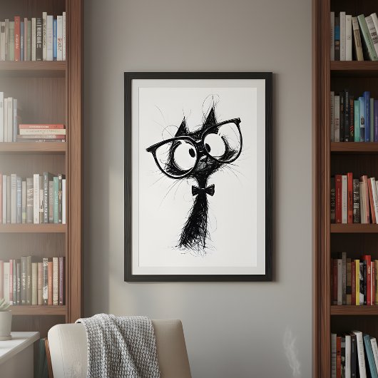 Funny Minimalist Whimsical Nerd Cat with Glasses Poster