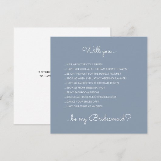 Funny Modern Dusty Blue Script Bridesmaid Voorstel Kaart (Voorkant / Achterkant)