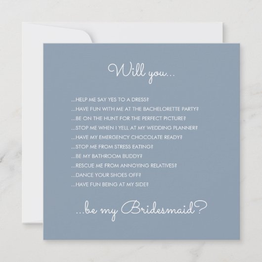 Funny Modern Dusty Blue Script Bridesmaid Voorstel Kaart (Voorkant)