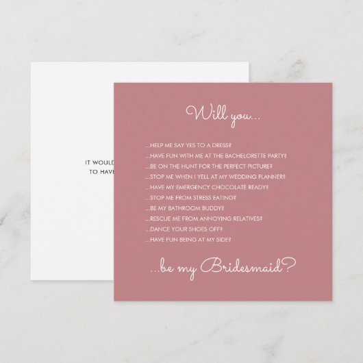 Funny Modern Dusty Roos Script Bridesmaid Voorstel Kaart (Voorkant / Achterkant)
