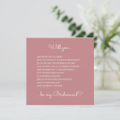 Funny Modern Dusty Roos Script Bridesmaid Voorstel Kaart (Staand voorkant)