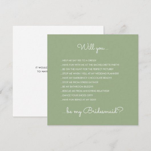 Funny Modern Sage Green Script Bridesmaid Voorstel Kaart (Voorkant / Achterkant)