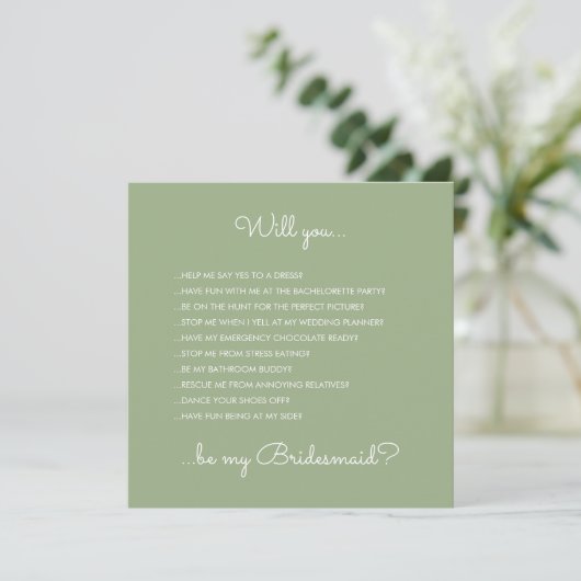 Funny Modern Sage Green Script Bridesmaid Voorstel Kaart (Staand voorkant)