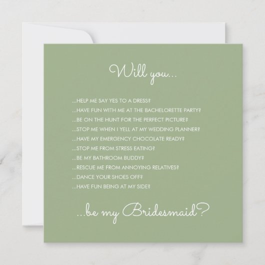 Funny Modern Sage Green Script Bridesmaid Voorstel Kaart (Voorkant)