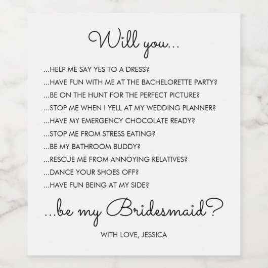 Funny Modern Script Bridesmaid-voorstel Gift Wijn Etiket (Enkel label)
