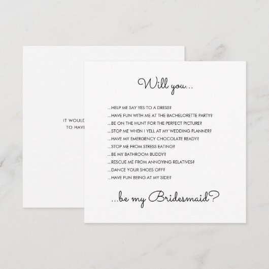 Funny Modern White Script Bridesmaid Voorstel Kaart (Voorkant / Achterkant)