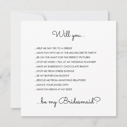 Funny Modern White Script Bridesmaid Voorstel Kaart (Voorkant)