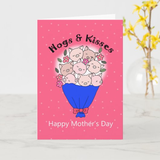 Funny Moederdag Cute Pig Hogs en Kisses Floral Kaart (Gele Bloem)