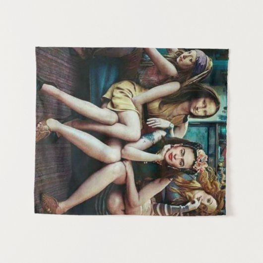 Funny Mona Lisa met haar vriendenkoppet Wandkleed (Voorkant (horizontaal))