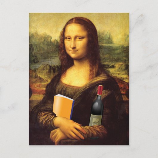 Funny Mona Lisa met wijn en boek Briefkaart (Voorkant)