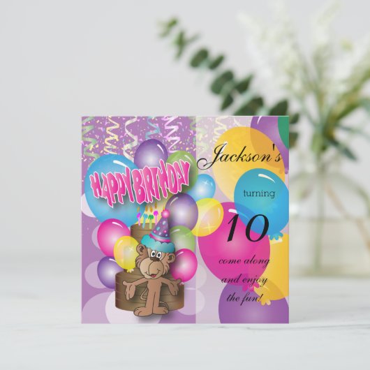 Funny Monkey Paars Birthday Party Kaart (Staand voorkant)