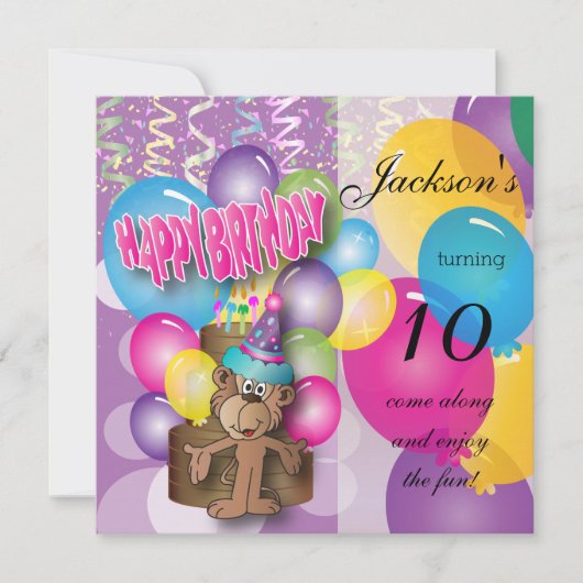 Funny Monkey Paars Birthday Party Kaart (Voorkant)