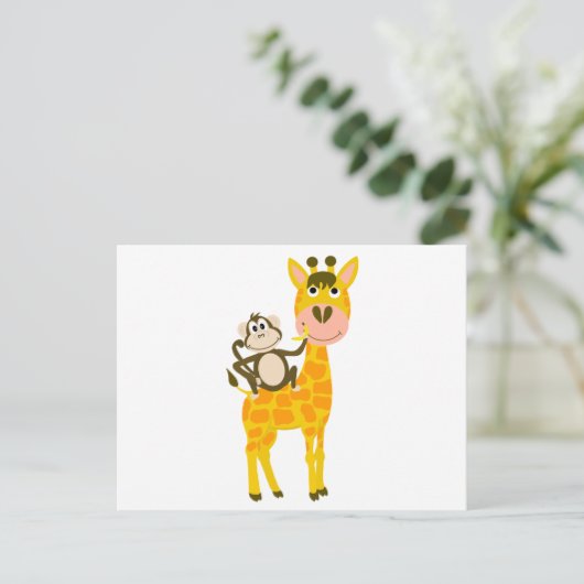Funny Monkey Riding a Giraffe Cartoon Briefkaart (Staand voorkant)