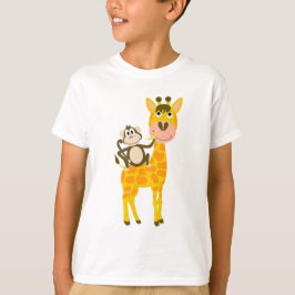 Funny Monkey Riding a Giraffe Cartoon T-shirt