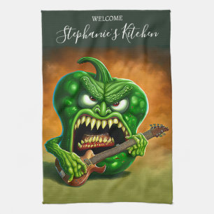 Funny Monster Green Bell Pepper Rocker Guitar Theedoek