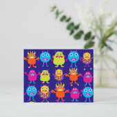 Funny Monster Party Cute Cute Creats on Blue Briefkaart (Staand voorkant)
