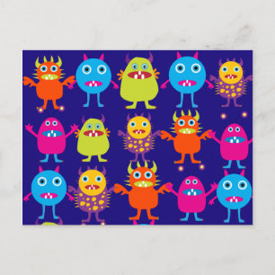 Funny Monster Party Cute Cute Creats on Blue Briefkaart