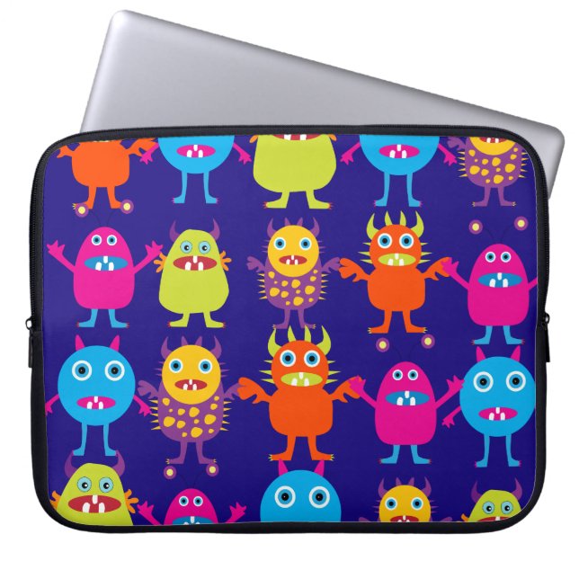 Funny Monster Party Cute Cute Creats on Blue Laptop Sleeve (Voorkant)
