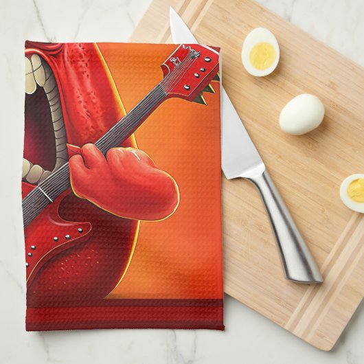 Funny Monster Red Bell Pepper Rocker Guitar Theedoek (Quarter Fold)