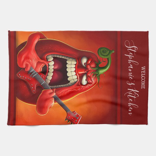 Funny Monster Red Bell Pepper Rocker Guitar Theedoek (Horizontaal)