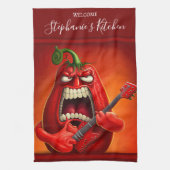 Funny Monster Red Bell Pepper Rocker Guitar Theedoek (Verticaal)