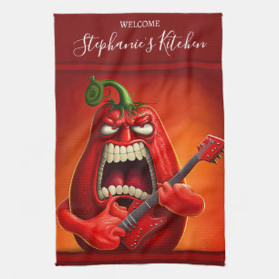 Funny Monster Red Bell Pepper Rocker Guitar Theedoek