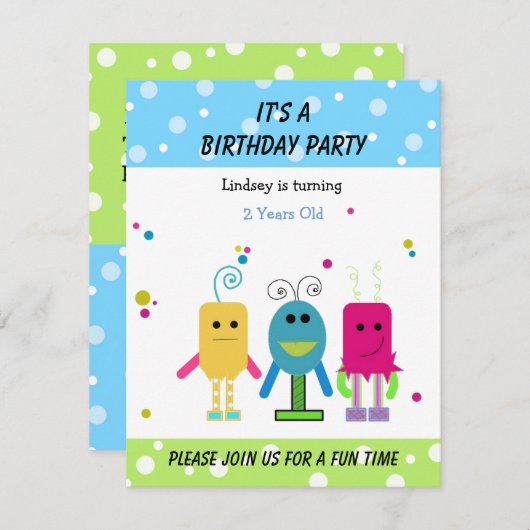 Funny Monsters Birthday Uitnodiging (Voorkant / Achterkant)