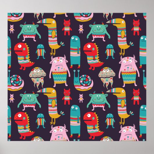 Funny Monsters Cartoon Naadloos Patroon Poster (Voorkant)