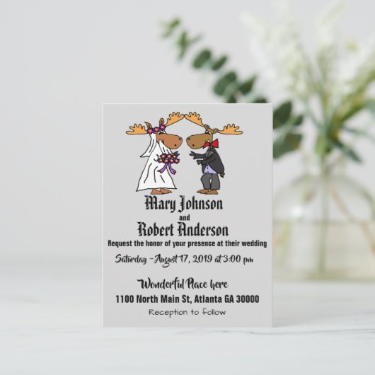 Funny Moose Bride en Groom Wedding Invitation Uitnodiging Briefkaart (Staand voorkant)