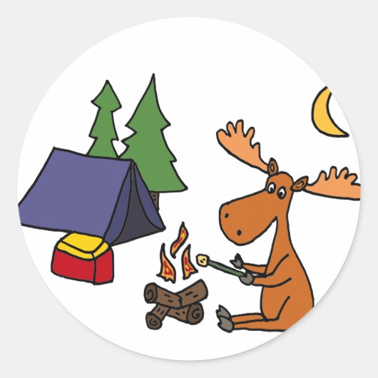Funny Moose Camping Cartoon Ronde Sticker (Voorkant)