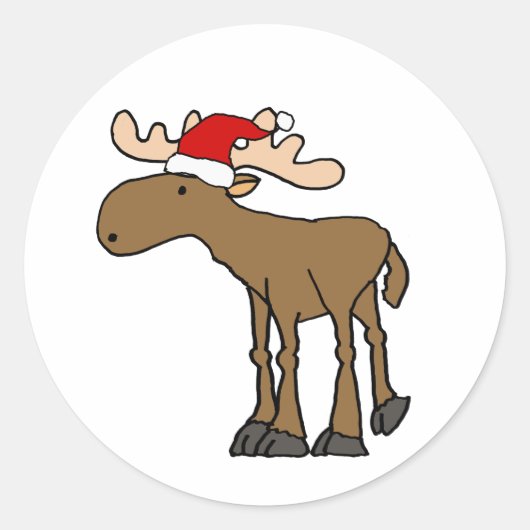Funny Moose dragen Santa Hat Christmas Cartoon Ronde Sticker (Voorkant)