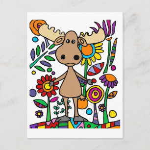Funny Moose in Flower Garden Art Abstract Briefkaart